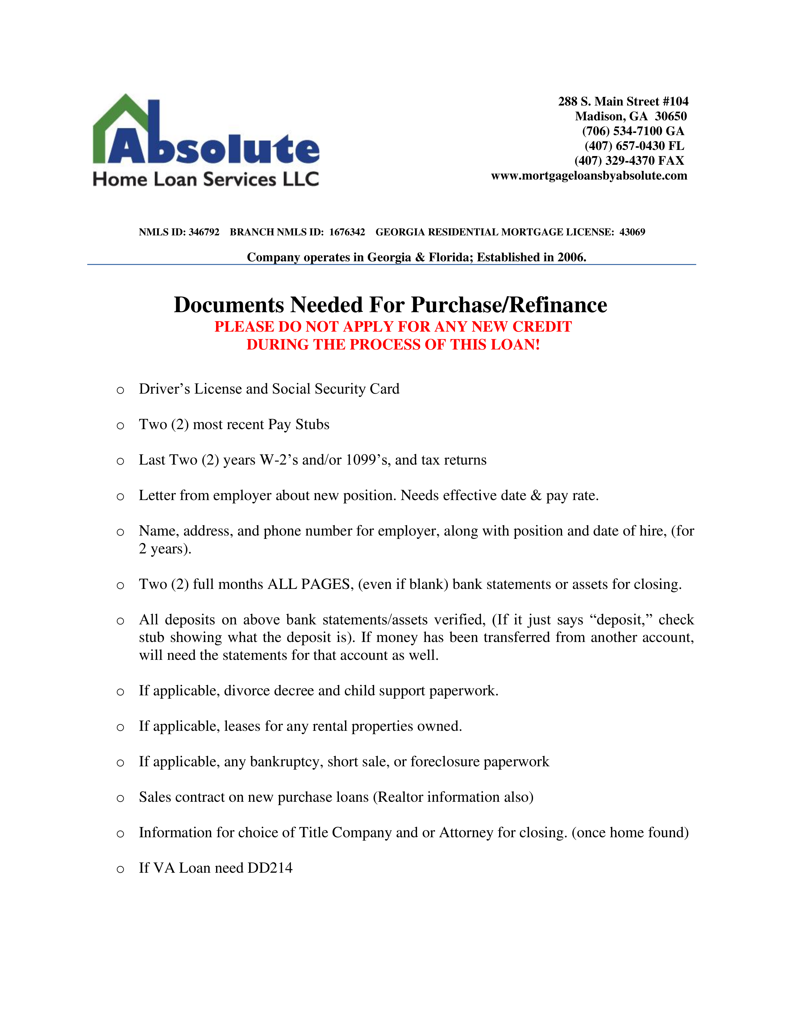 Documents Needed Purchase & Refi